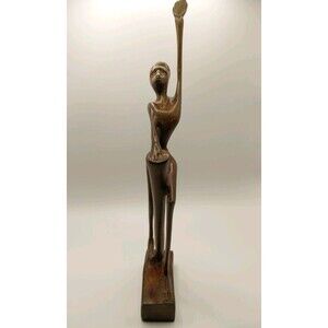 Hand Carved Kenyan Tribal Wooden African Man Playing Drum 12" Tall VTG MCM EUC